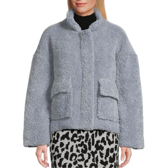 Saks Fifth Avenue Faux Shearling Teddy Jacket Blue Stone NWT L - Picture 1 of 8